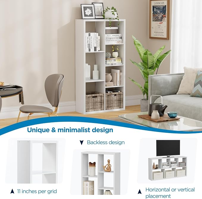 7 Cube Storage Organizer, Cube Shelf with Heavy-Duty Thick Boards, 25.12" L x 9.37" W x 48.74" H, Smooth Easy-Clean Panels, Simple Assembly, for Living Room Bedroom Office, White