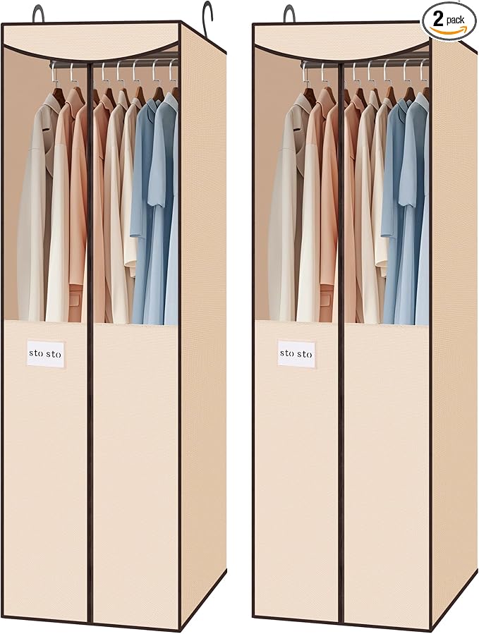 STO STO 2 Pack Garment Bag for Hanging Clothes Closet, Hanging Garment Cover with Built-in Steel Hanging Rod, Hanging Wardrobe Storage Bag for Suit, Dress with Clear Window, Zipper, ID Card, Beige