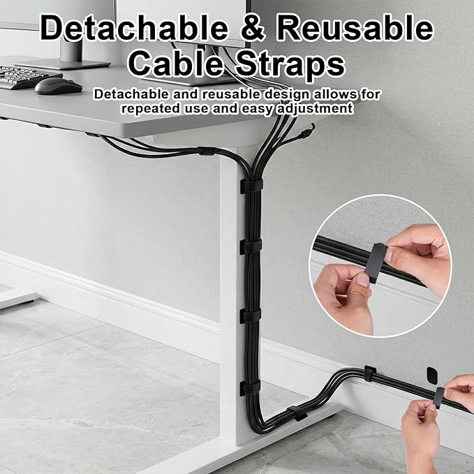Cable Management Under Desk,Detachable Cable Management,Adjustable Hook and Loop Cable Ties,Reusable Cable Management Under Desk,Cable Clips Under Desk,20Pack(Black)
