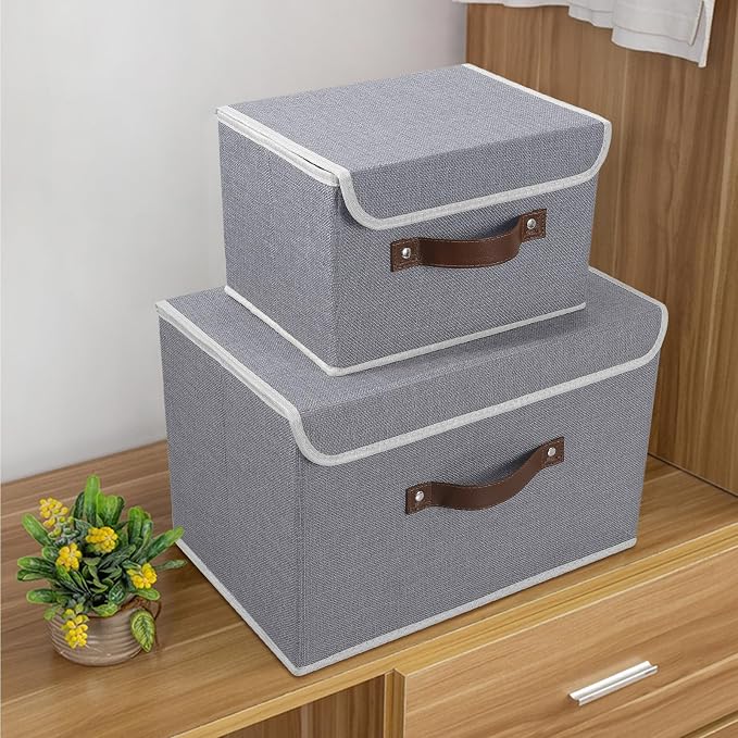 ANMINY Storage Bin with Lid Storage Boxes with PU Leather Handles PP Plastic Board Decorative Foldable Lidded Cotton Linen Fabric Home Cubes Baskets Closet Organizer Container - Gray, Medium