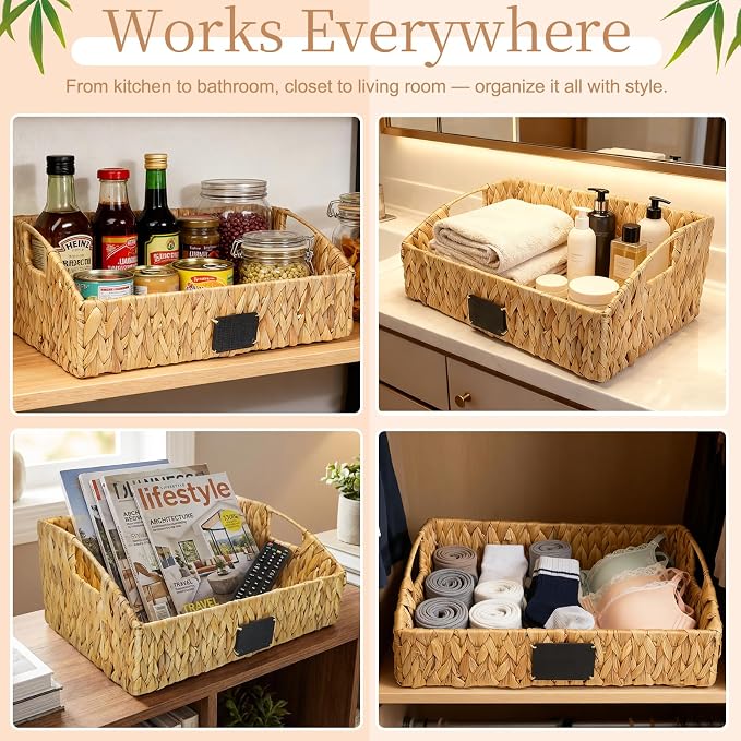 3 Pack Handwoven Wicker Basket Rattan Storage Basket with Built-in Handles for Pantry Organizers and Storage Shelves Bedroom Bathroom Laundry Room or Kitchen
