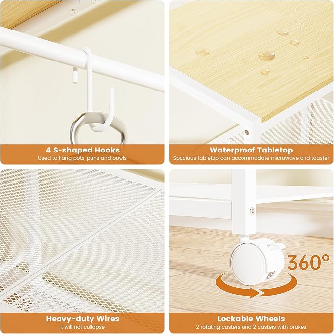 3-Tier Microwave Stand, Kitchen Microwave Cart with Adjustable Shelf | Rolling Kitchen Storage Cart on Lockable Wheels, Coffee Cart Shelf Rack Organizer for Kitchen, Living Room, Balcony, White