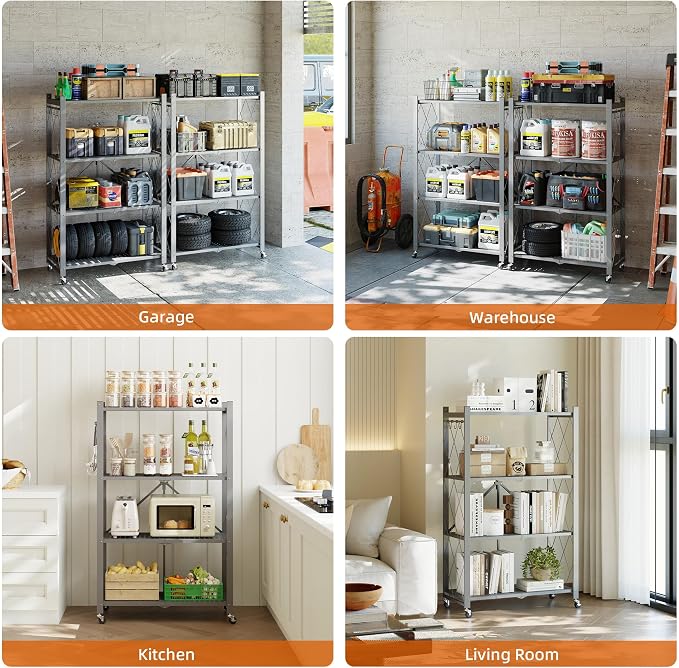 Fenbeli Foldable Shelves with Wheels - 4 Tier Folding Shelf, Collapsible No Assembly Metal Shelving Unit, Origami Storage Shelves & Rolling Storage Rack with 8 Hooks for Kitchen Pantry Garage