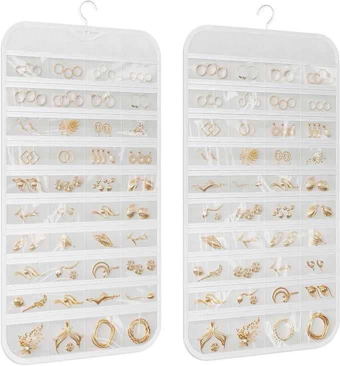 Hanging Jewelry Organizer 80-Pocket Double-Sided Storage, 1-Pack, White | Foldable clear PVC 80-pocket storage; swivel hook fits walls, doors & rods to organize earrings, necklaces, bracelets & rings