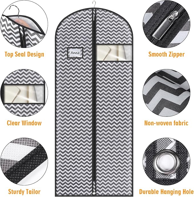 Syeeiex 60'' Dress Bags for Gowns, Set of 4 Garment Bag for Hanging Clothes, Dress Garment Bag, Dustproof and Keep Closet Tidy, Perfect for Suit Evening Dresses Fur Coat Long Dress Gown(Dark Grey)
