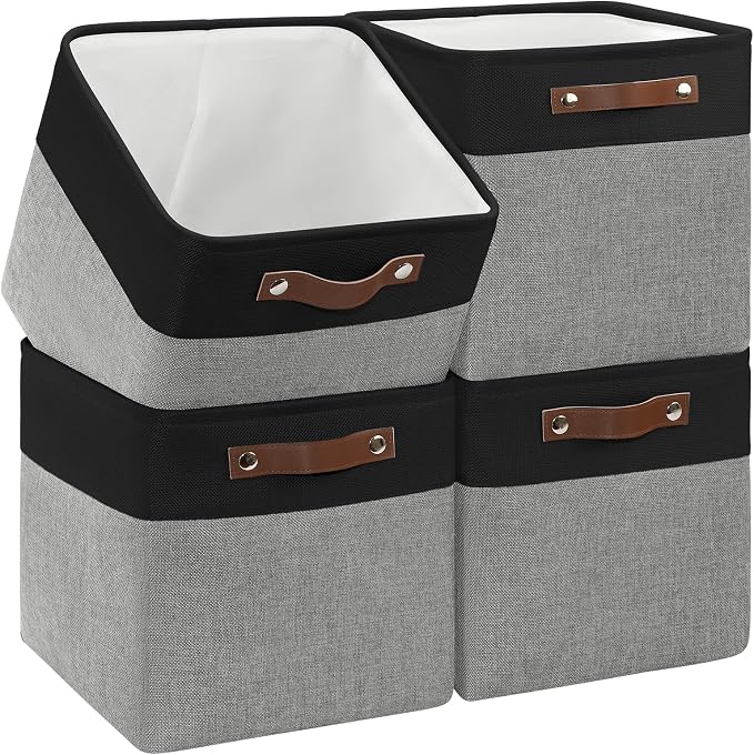 Patvingot Fabric Storage Cubes 11", 4 Pack, with PU Pull Handles,Foldable | For accessories on cube shelves or in closets; reinforced opening, pull-out access, folds flat when empty,dark and gray