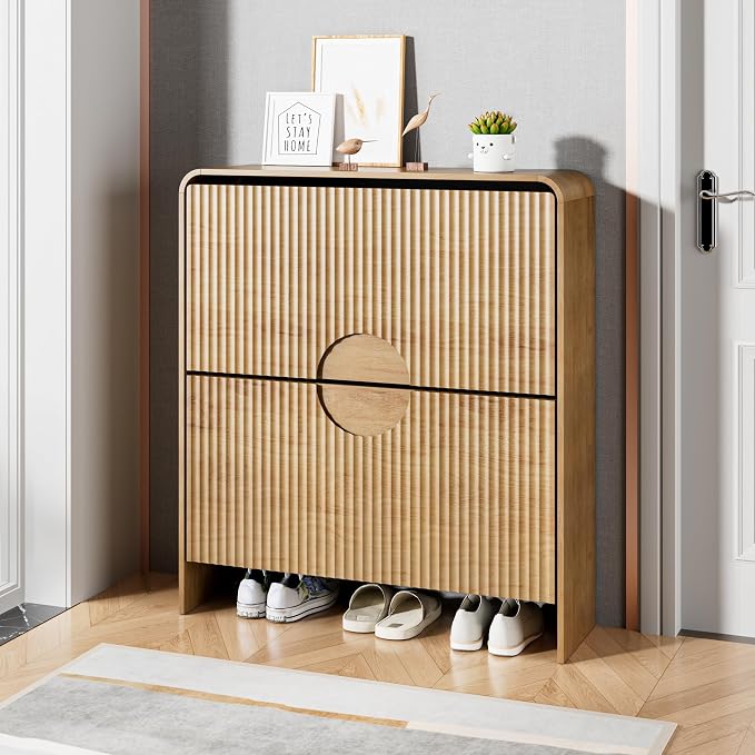 Narrow Shoe Cabinet for Entryway, Thin Entry Way Shoe Storage Cabinet with 2 Flip Drawers, No Shelf, Slim Hidden Shoe Rack Organizer for Entrance, Foyer, Wood Small