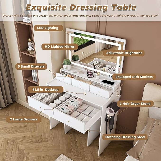Small Makeup Vanity Desk with Large Mirror and Lights, Vanity Table with 5 Storage Drawer & Open Shelves, 3 Lighting Colors,LED Mirror Adjustable Brightness White Makeup Vanity