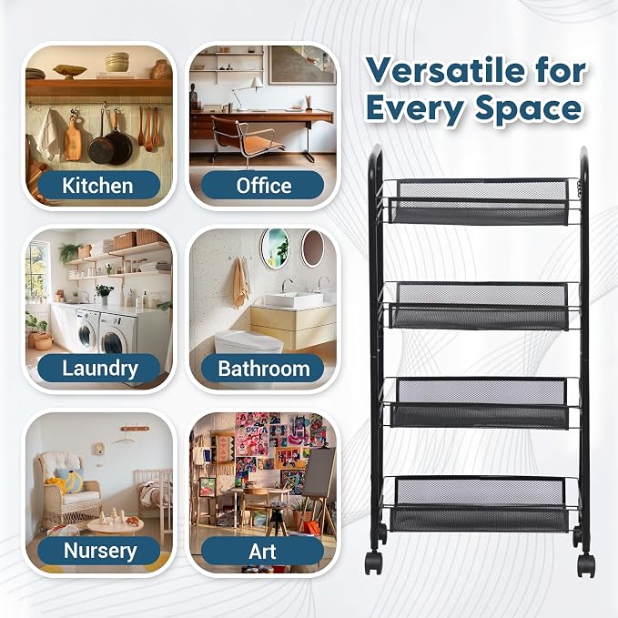 LOFTEY 4 Tier Rolling Cart, Small Metal Utility Cart with Wheels, Black | 10.2" Slim Width, Four Mesh Baskets, 15 lb Load Capacity per Basket, Tool-Free Assembly, Ideal for Bathroom & Snack Storage