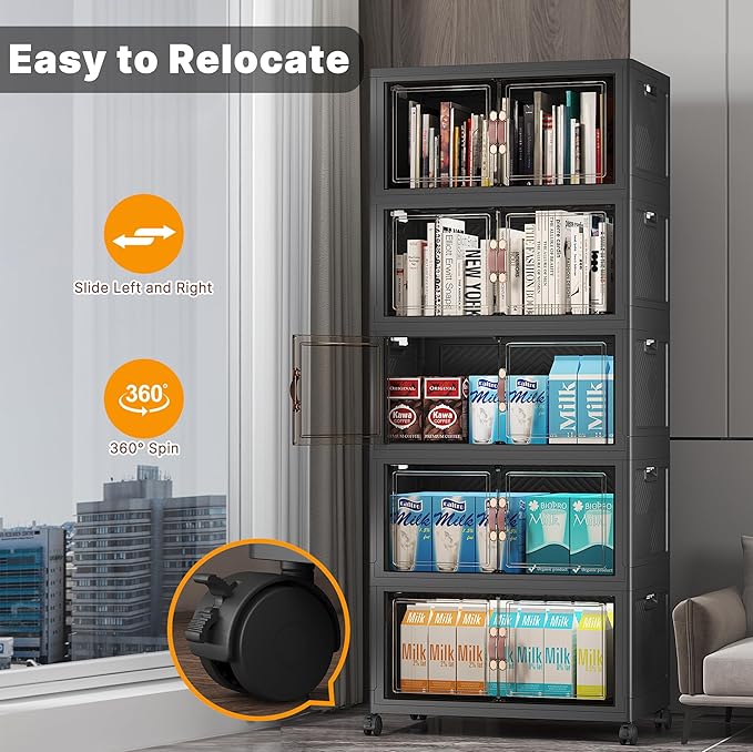 UAMFURI Stackable Storage Bins with Lids, Extra Large Plastic Organizer Cabinet Drawers, 240QT Collapsible Closet Containers with Doors and Wheels,For Bedroom, Kitchen, Office, Garage,(5Pack Cube)