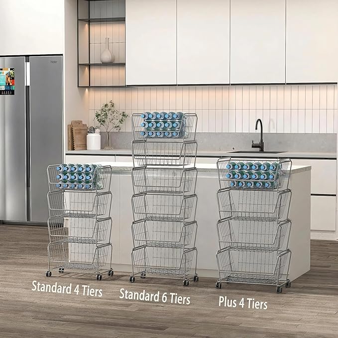 PUSDON Stackable Metal Storage Carts, Dual Use Shelf for Kitchen Fruit Vegetable Baskets with Wheels, Storage Rack for Living Room, Home & Office, Standard Silver Grey 4 Tiers