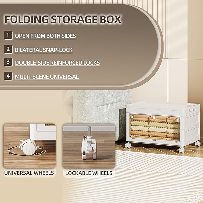 44 QT / 11 Gal Multi-Purpose Foldable Storage Cabinet - Transparent Dual Doors with 3-Stage Locking System, Heavy Duty Wheels, Simple Pull-to-Open Mechanism for Home/Office/Garage Organization