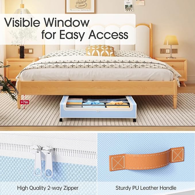 Yecaye Under Bed Storage with Wheels, 2 Pack Under Bed Storage Containers, 60L Underbed Shoe Storage with Clear Window & Label, Rolling Under Bed Metal Drawer for Clothes, Shoes, Books, Blankets, Blue