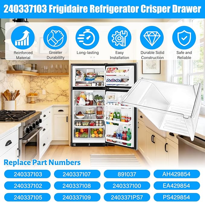 [2 PACK] Upgraded 240337103 Refrigerator Crisper Drawers Bins Compatible with Frigidaire Drawer Replacement 240337102 Kenmore Refrigerator Drawer,Frigidaire Crisper Drawer Replacement Fridge Drawer