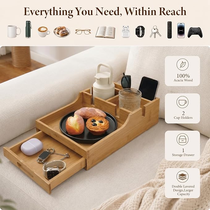 2 in1 Couch Tray with Cup Holders and Drawer Storage | Bamboo Sofa Tray Table ,Sofa Organizer Insert Between Cushion/Flat Use,Couch Caddy for Drink,Snack,Living Room Accessories