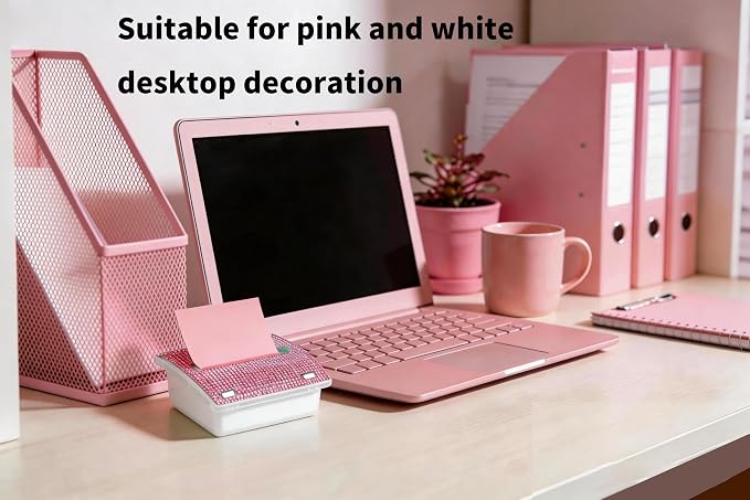 Pop up Sticky Note Holder Rhinestone Self Sticky Note Dispenser 3×3 Post it Dispenser for Pink Office Desk Accessories and Supplies,Teacher Gifts(White Pink)