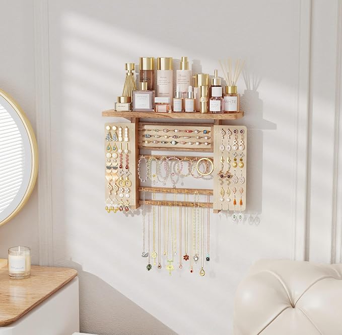 Emfogo Jewelry Organizer Hanging Wall Mounted Jewelry Holder, 5-in-1 Large Capacity Necklace Organizer Display for Ring, Necklaces, Bracelets, Earrings (Rustic Wood)