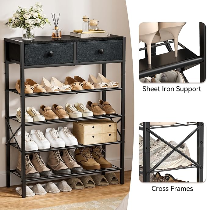 Shoe Rack for Entryway, 5 Tier Shoe Organizer with 2 Non-Woven Drawers, Metal Storage Shoe Shelf for 16-20 Pairs of Shoes, with Wooden Top and Steel Frame, Shoe Stand for Closet Black Grey