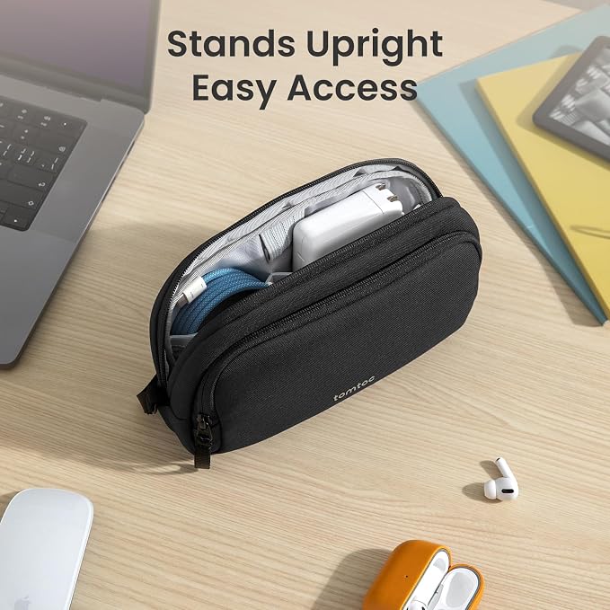 tomtoc Electronic Organizer Travel Case, Dual Compartment Tech Organization | Water Resistant Cable Pouch Storage Bag for Charger, Cord, Phone, Hard Drive, Power Bank, Accessories Travel Essentials
