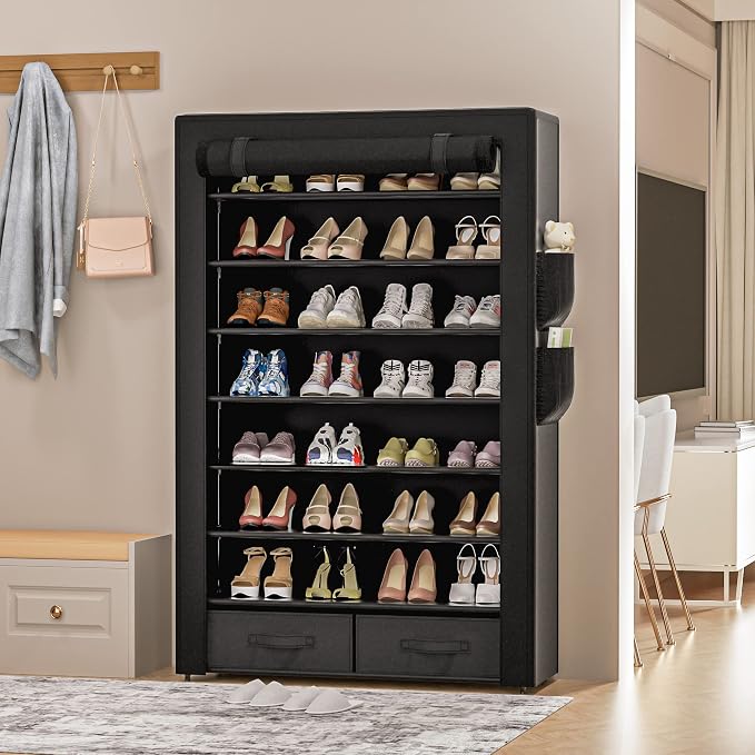 OYREL Shoe Rack Storage Cabinet with Dustproof Cover Two Boxes | 32 Pairs Tall Shoe Organizer Shelf for Closet Large Free Standing Shoe Rack Vertical Shoe Holder Stand