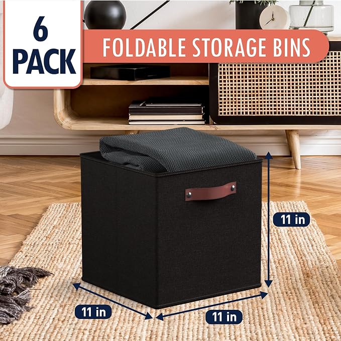 Ornavo Home 11x11 Foldable Fabric Storage Cube Bins, 6 Pack, Black | Collapsible Linen Shelf Basket Organizer; Leather Handles; Ideal Cube Storage For Closet