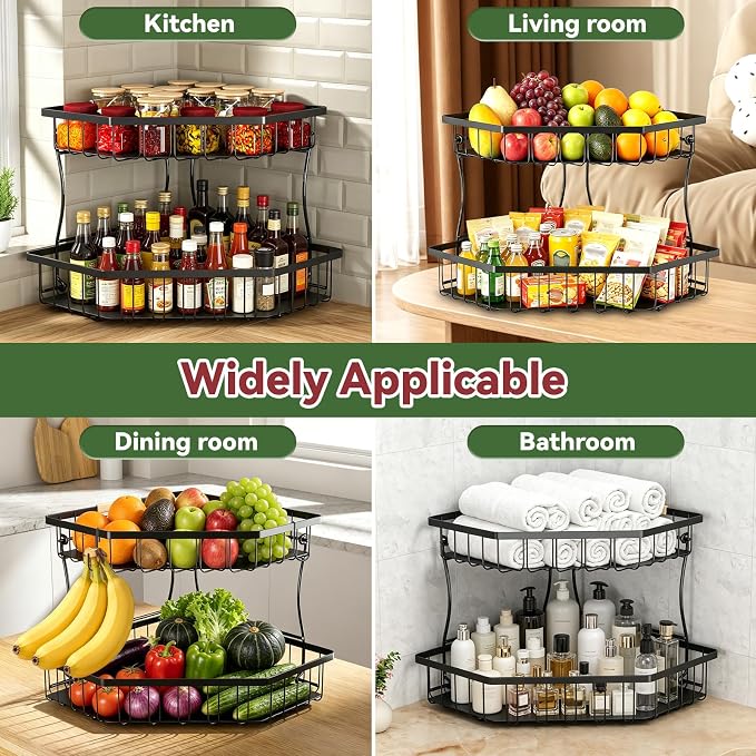 2 Tier Extra Large Fruit Basket for Kitchen Counter - Detachable Metal Fruit Bowl with 2 Banana Hangers for Corner, Large Capacity Fruit Stand with Wooden Handle - Black
