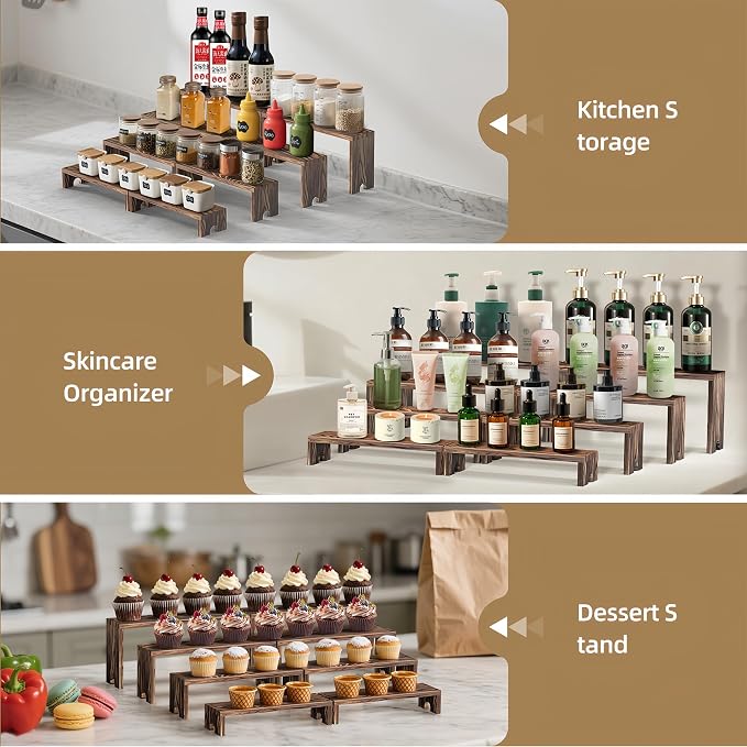 2 Set wood tone Wooden Tiered Display Stands 4 Tier Stackable Pine Wood Display Risers, Suitable for Vendor Events, Cupcake Stands, cake stand Wooden Dessert Table Sets, Vendor Booth Displays,Cosmetic & pantry organizers and storage can organizer, Kitc...