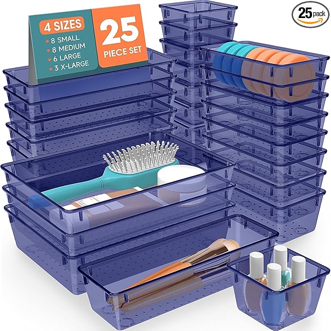 SpaceHacks 25 PCS Plastic Drawer Organizer Set, 4-Size Versatile Organizer Trays & storage Bins for Makeup, Jewelry, and Gadgets in Bathroom, Bedroom and Office,Dark Blue