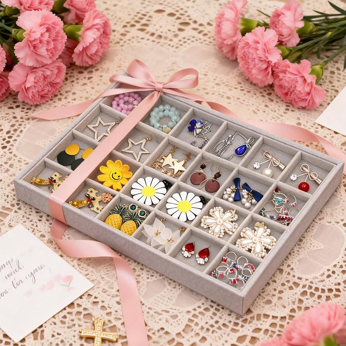 Stratalife 24 Grid Jewelry Organizer Tray, Stackable Drawer Earring Organizer with Adjustable Dividers, Jewelry Display Tray for Necklace Earring Ring Bracelet, 13.8" x 9.4" x 1.2", Grey