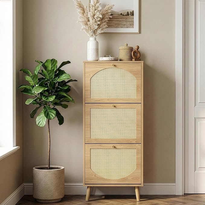 Karl home Natural Wood Rattan Shoe Cabinet, Entryway Storage Organizer | Hidden Shoe Rack with 3 Tilt-Out Compartments for Heels, Slippers and Casual Shoes, Space Saving Entryway Furniture
