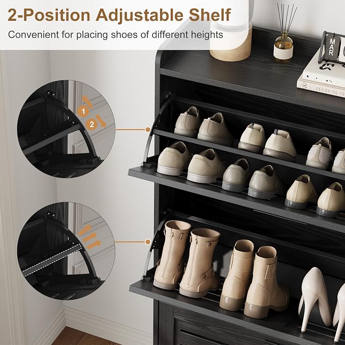 Garvee Shoe Storage Cabinet with 3 Flip Drawers, Freestanding Shoe Organizer Storage for Entryway with 2 Side Hooks, Farmhouse Hidden Slim Narrow Shoe Rack Cabinet, Black