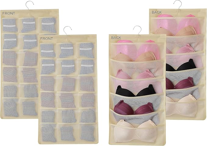 2Pcs Hanging Mesh Pockets Dual-Sided Closet Organizer for Underwear,Bra,Socks,Accessories with Hanger,Total 48 Pockets Beige