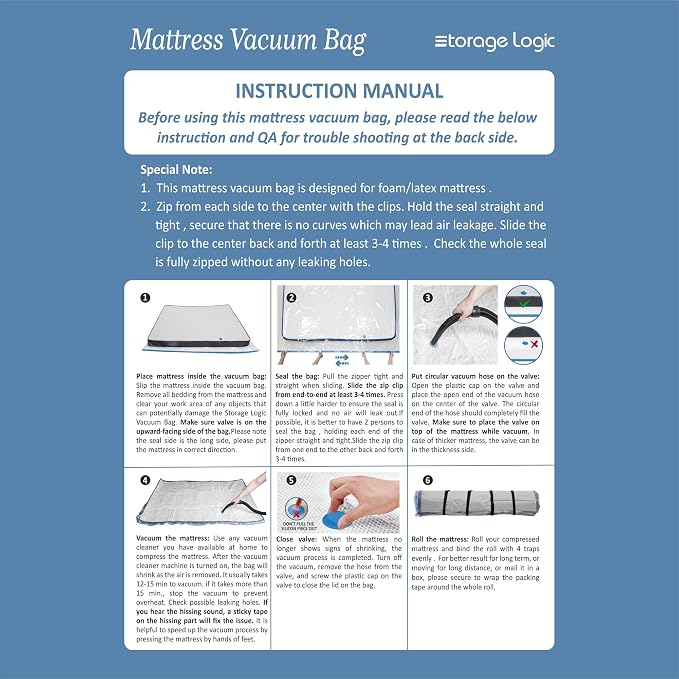 Storage Logic Foam Mattress Vacuum Bag with Blue Zipper, Mattress Storage Bag, Straps Included, Twin/Twin-XL
