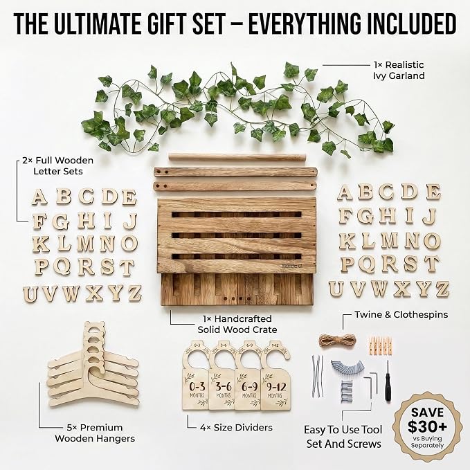 Wooden Baby Shower Crate Closet & Basket with Hanger Rack - Customizable Gift Basket with 2x Alphabet Letter Sets, Hangers, Dividers, Ivy Garland,Nursery Decor Girls Boys(Rustic Burnt Wood)