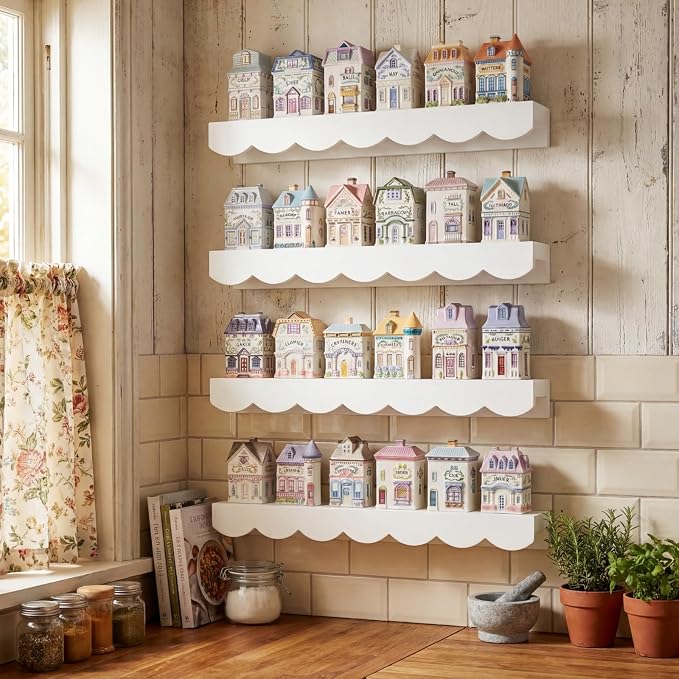 Chunful 4 Tiers Spice Rack Wall Mounted Scalloped Display Country Wooden Spices Shelf for 24 Jars Kitchen Storage, Shelf Only, 15.75 x 4.72 x 1.97 Inches