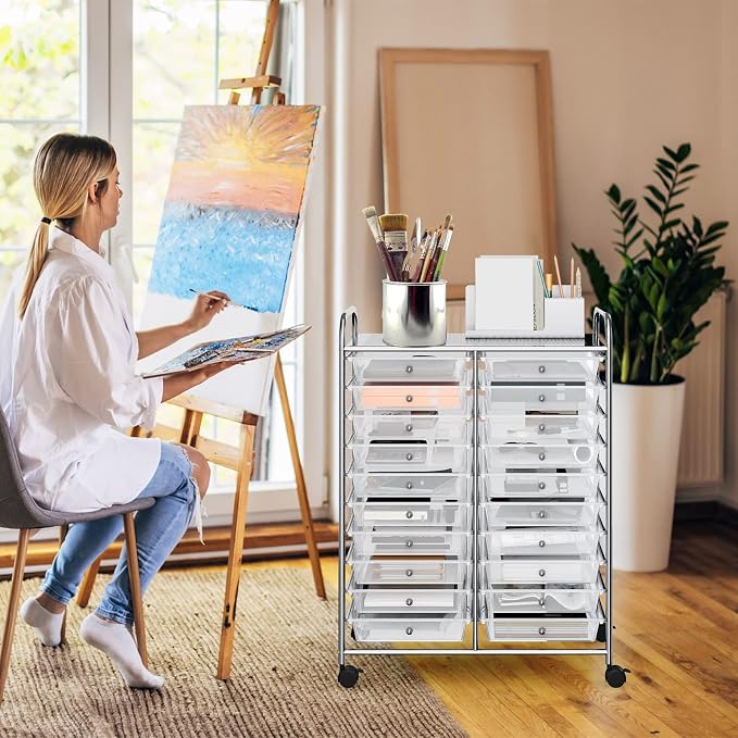 DREAMADE Rolling Cart with Storage Drawers, Utility Cart with Removable Plastic Drawers, Lockable Wheels, Art Cart for Classroom Organization Art Supplies Office Scrapbook (20 Drawers, Transparent)