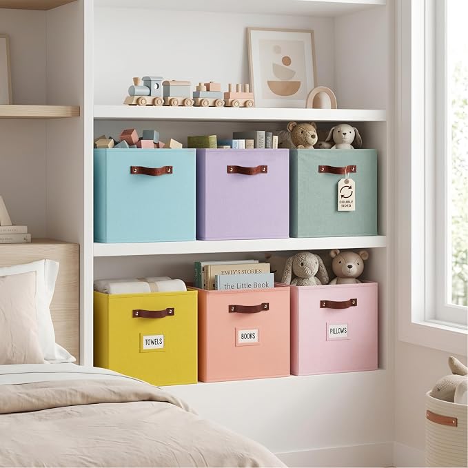 DECOMOMO Storage Bins, Cube Storage Bin with Labels, Fabric Storage Cubes for Shelves (10.5" x 11" / 6pcs, Rainbow)