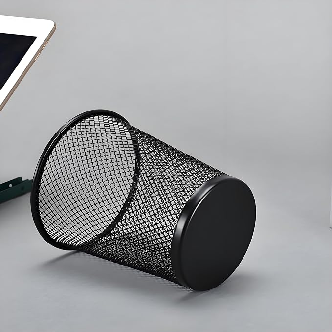 AIMI Pencil Case 2pcs Large Capacity Container Metal Mesh Pen Cup Office School Home Desk Pen Storage Organizer Can Makeup Holder Round Black