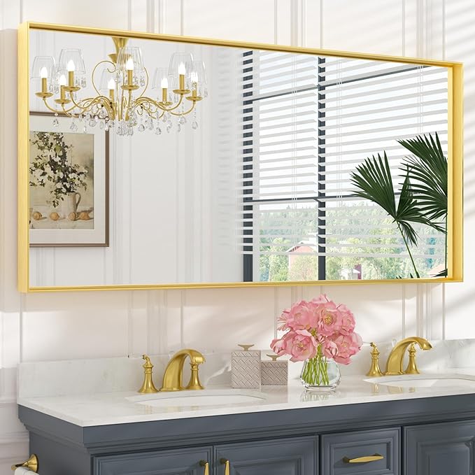 Keonjinn Brushed Gold Bathroom Mirror 60" x 30", Metal Framed Rectangular Gold Wall Mirror, Modern Farmhouse, Aluminum Alloy, Square Corner Rectangle Bathroom Vanity Mirrors(Horizontal/Vertical)