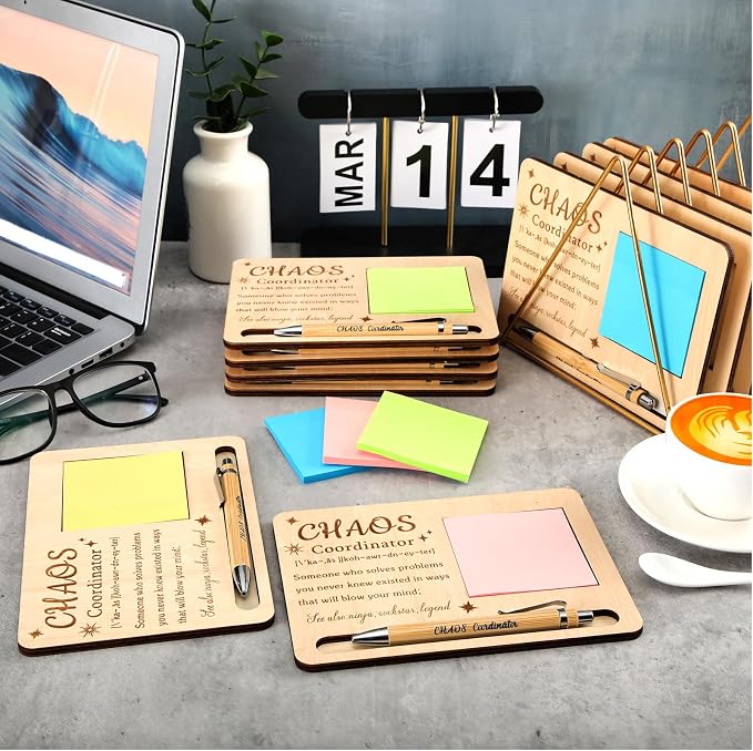 Kosiz 10 Set Chaos Coordinator Appreciation Gifts Bulk Wooden Sticky Note Holder with Notes and Ballpoint Pens Chaos Coordinator Thank You Gifts for Teacher Back to School Party Supplies