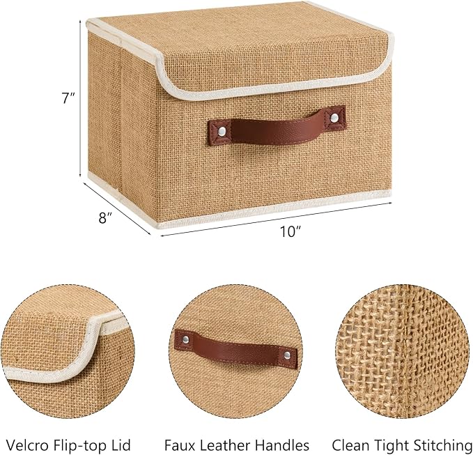 2PCS Storage Bins Box with Lids Decorative Natural Jute Baskets | Foldable Washable Stackable Lidded Clothing Container, Shelf Closet Organizer, w/ PU Leather Handles & PP Boards, Small