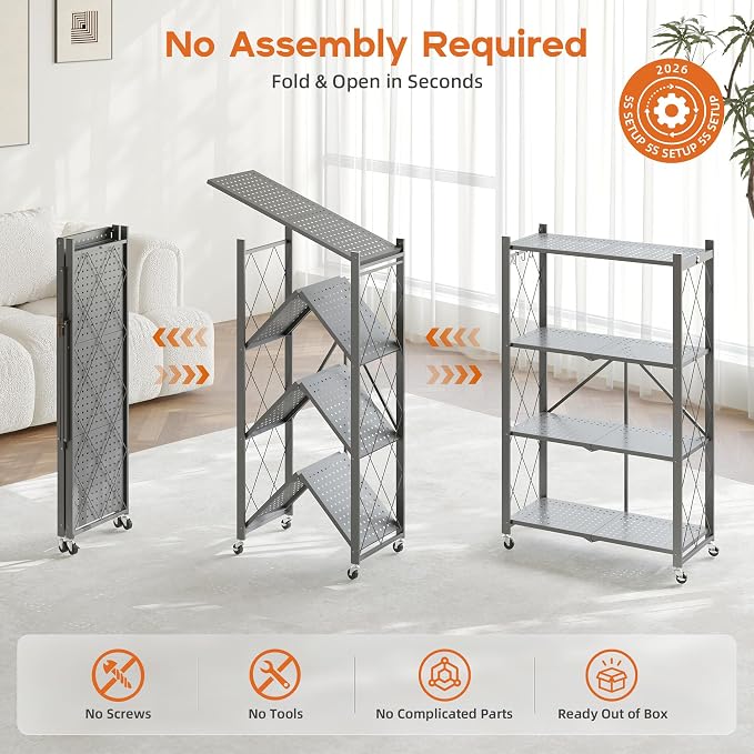 Fenbeli Foldable Shelves with Wheels - 4 Tier Folding Shelf, Collapsible No Assembly Metal Shelving Unit, Origami Storage Shelves & Rolling Storage Rack with 8 Hooks for Kitchen Pantry Garage