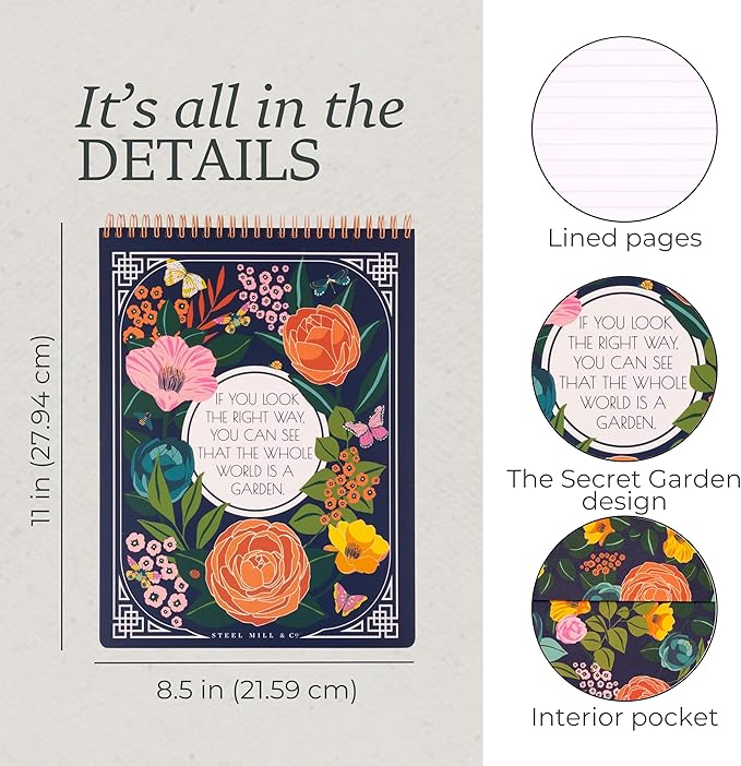 Steel Mill & Co Large Top Spiral Notebook College Ruled, 11" x 8.5" with Durable Hardcover and 160 Lined Pages (The Secret Garden)