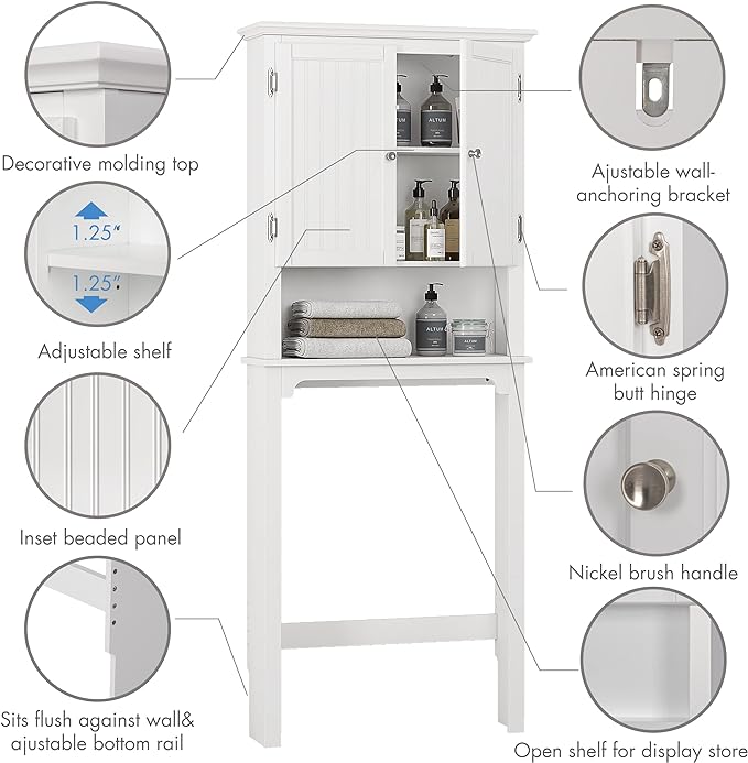 UTEX Over The Toilet Storage Cabinet, White Bathroom Organizer with Doors | FSC-Certified MDF, Adjustable Shelves, Anti-Tip Bracket, 34'' Toilet Clearance, Hidden & Open Storage for Toiletries, Towels