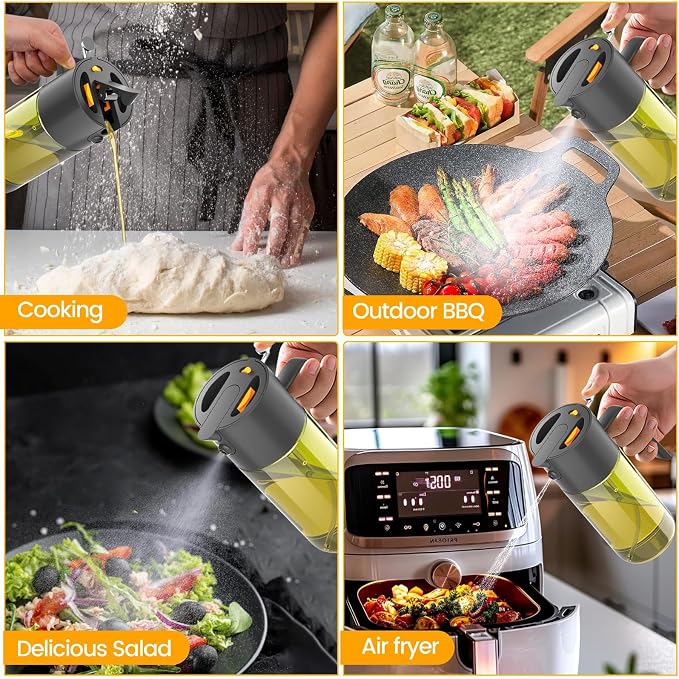 Gelibo 2-IN-1 Oil Sprayer for Cooking, 500ML Light-Blocking Glass Oil Dispenser for Kitchen, Olive Oil Spray Bottle with Leak-Proof,Cooking Spray with Portion Control for BBQ, Air Fryer, Salad - Black