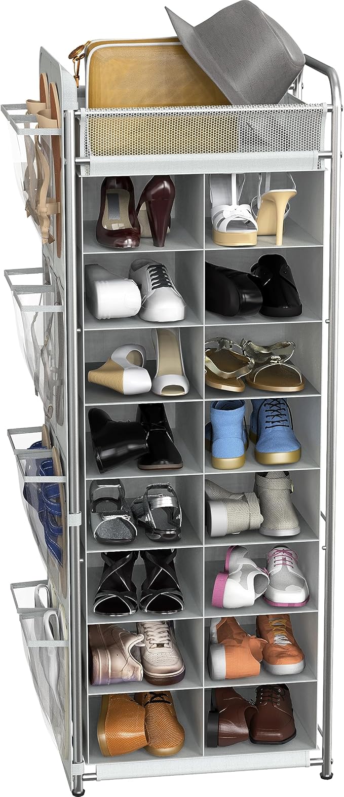 Simple Houseware 16 Cube Shoe Stand Tower Rack 8 Tier, Gray | Top Shelf and Side Hanging Pockets