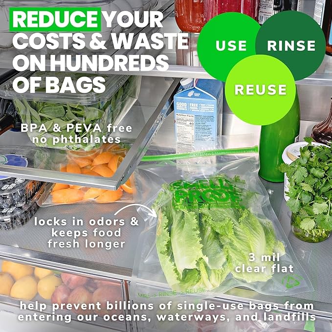 Smelly Proof Reusable Food Storage Bags, Reusable Freezer Bags, Made in USA, Dishwasher-Safe, BPA FREE, NO PEVA, Clear FLAT 2-Gallon 12” x 16”, 50-Pack