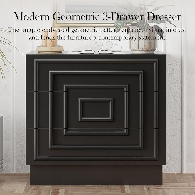 Aoikax Modern 3-Drawer Dresser, Sculptural Mid-Century Drawer of Chest with Geometric Square Pattern, Contemporary Accent Dresser for Bedroom, Living Room, Black