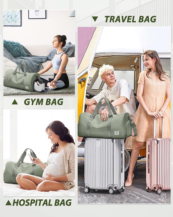 Travel Duffle Bag,Weekender Overnight Bags for Women with Shoes Compartment,Tote Gym Bag Personal Item Carry On Bag for Travel Business Trips Sport Hospital Dance Grey Green