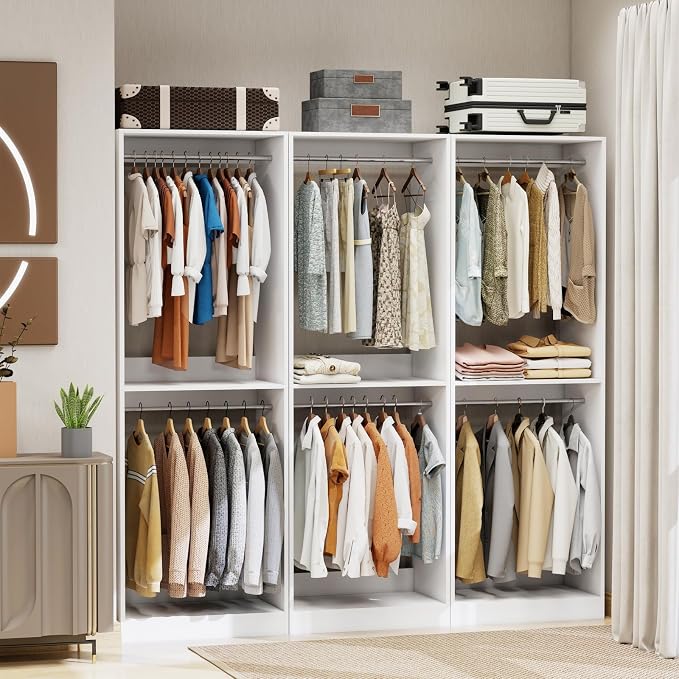 Closet System, 6FT-16FT Wood Closet Organizer System | 81" Tall Modular Closet Storage System with 9 Hanging Rods, Standalone Walk In Closet System,Set of 3, White Engineer Wood